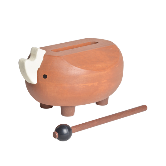 A wooden rhino slit drum with a brown finish, accompanied by a wooden beater and a felt beater.
