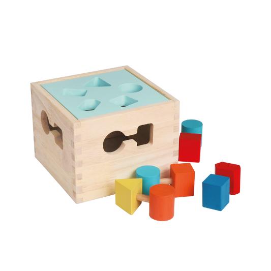 Wooden sorting board with five single shapes and four shape combinations. Helps children learn to identify shapes and colors through fun, hands-on play.