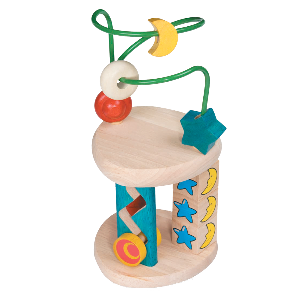 A colorful wooden toy maze with levers and gears, designed for young children to explore and learn about gravity.