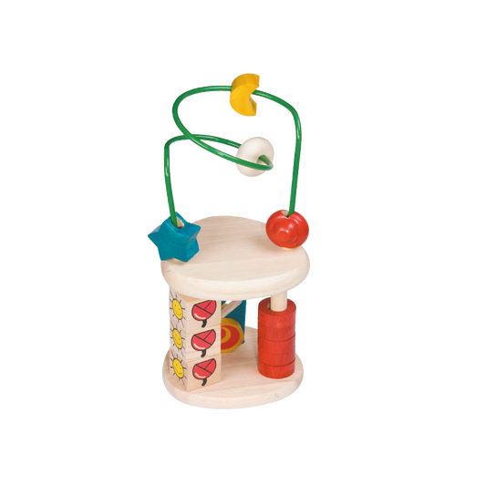 A colorful wooden toy maze with levers and gears, designed for young children to explore and learn about gravity.