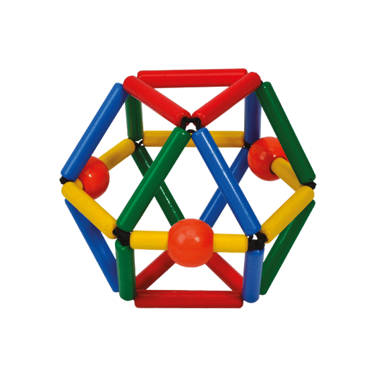 A colorful geometric shaped toy made of wooden dowels with red, yellow, green, blue, and orange beads.