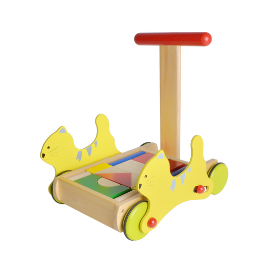A colorful wooden cat-shaped walker with blocks and a red handle for toddlers.