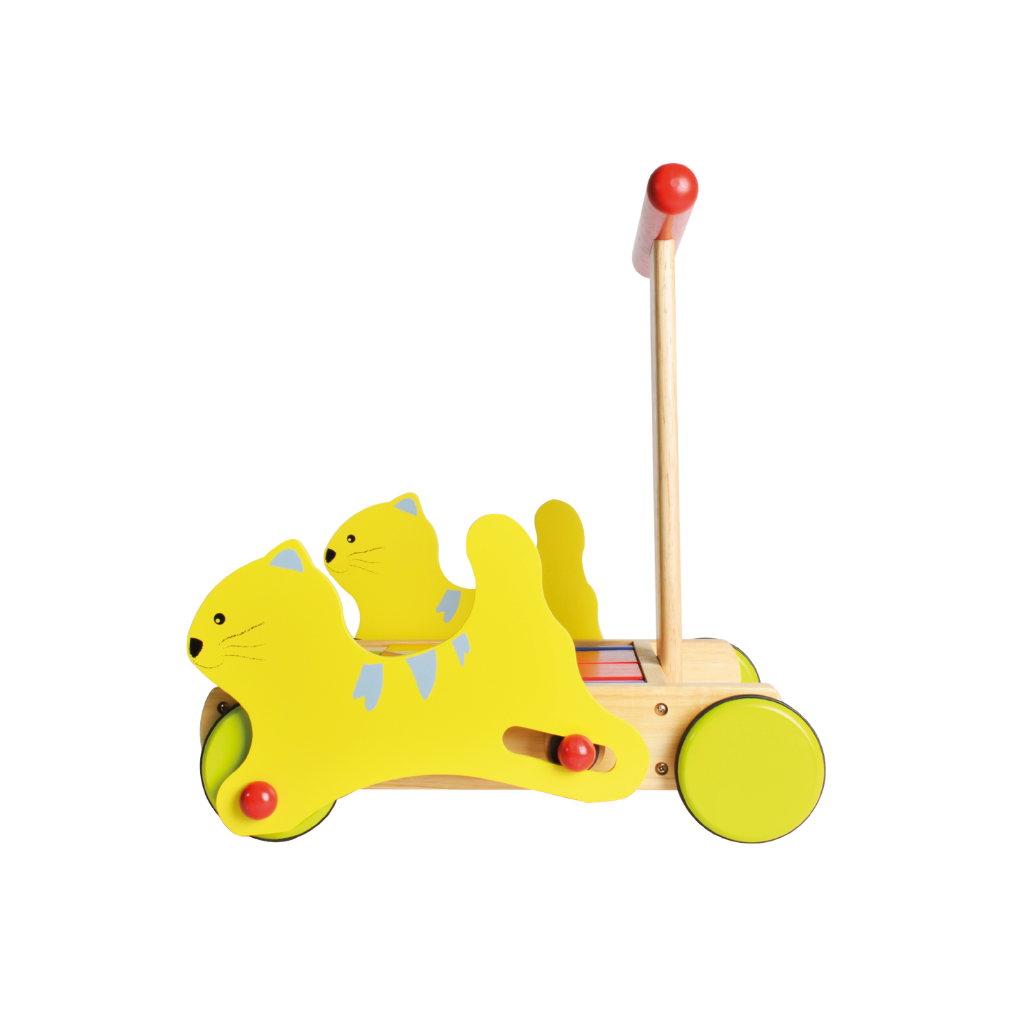 A colorful wooden cat-shaped walker with blocks and a red handle for toddlers.