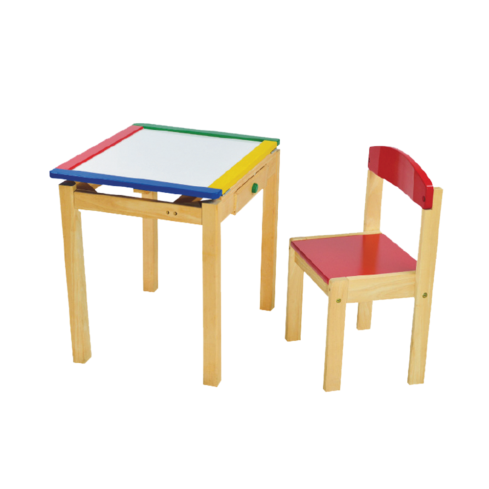 Children's wooden drawing desk and chair set with a multicolored tabletop and a red chair seat.