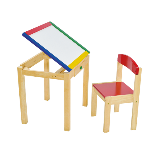 Children's wooden drawing desk and chair set with a multicolored tabletop and a red chair seat.