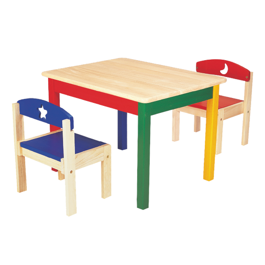 A rectangular wooden activity table with red, green, and blue edges, accompanied by two chairs with one seat in blue and one in yellow.