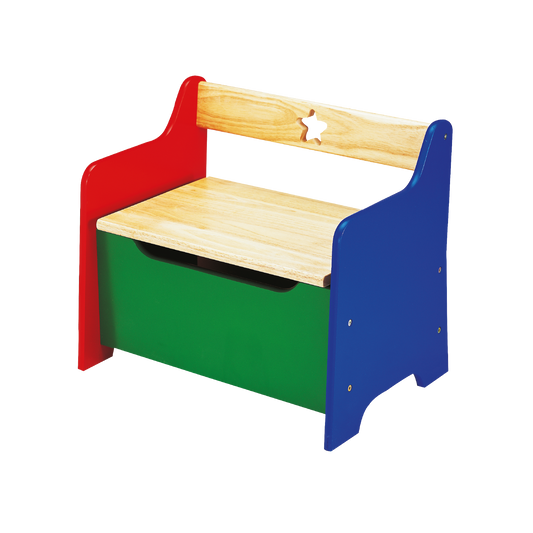 A colorful wooden toy box bench with red, blue, and green panels, featuring a natural wood seat.