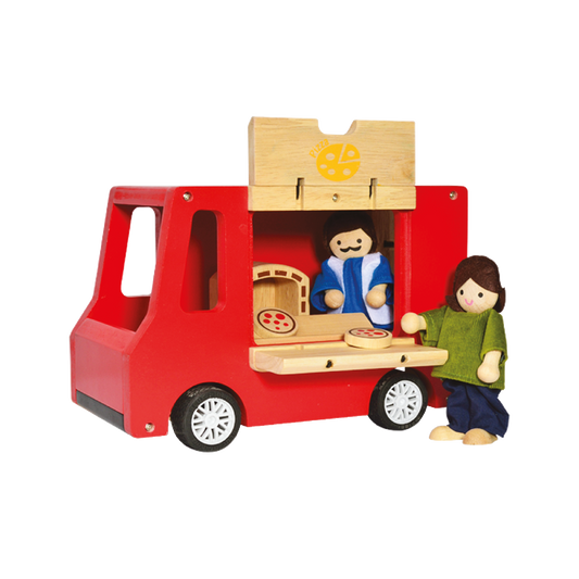 Wooden pizza truck with brick oven, pizza trays, serving counter, and back doors, including an Italian chef and customer for role-play learning.