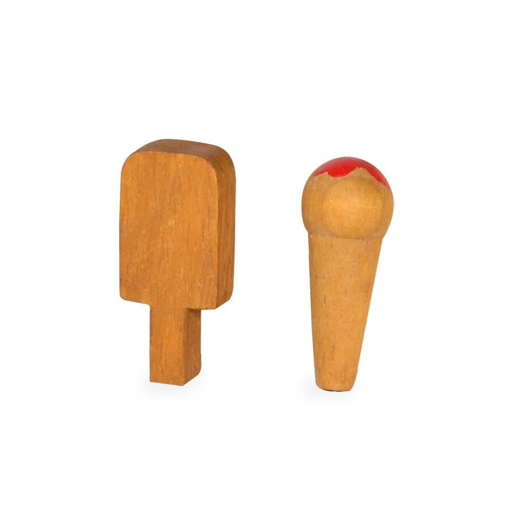 A wooden toy ice cream truck with a seller and a customer figure, designed for children.
