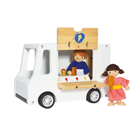 A wooden toy ice cream truck with a seller and a customer figure, designed for children.