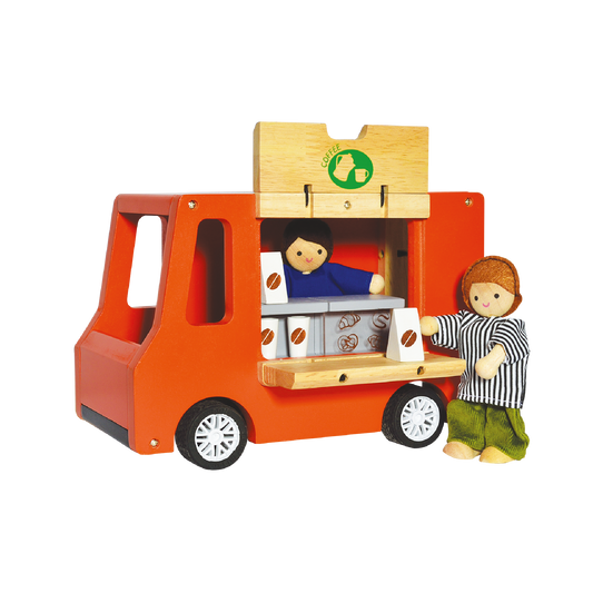 A red toy coffee truck with a swing open serving counter, a green and white coffee machine, and a barista and customer figure in blue and green.