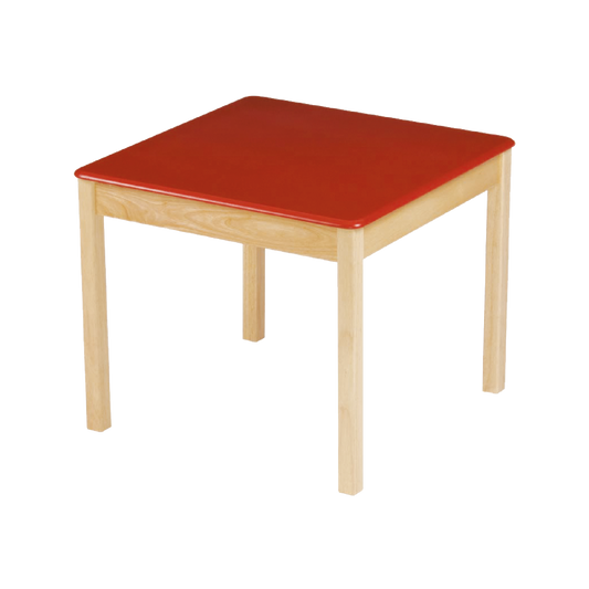A square wooden table with a red tabletop and beige legs, designed for children.