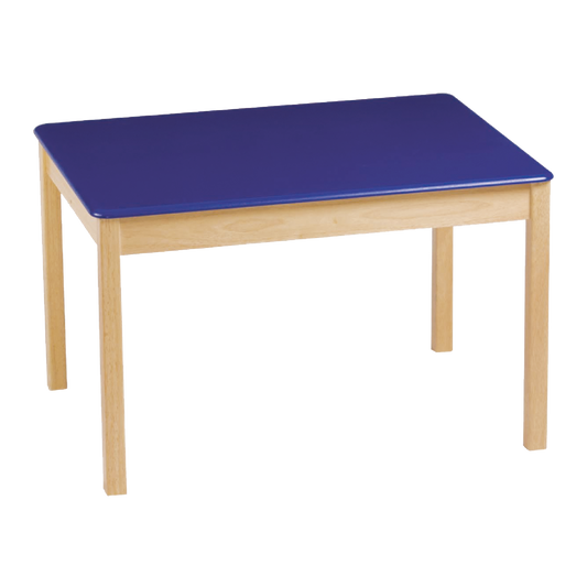 A large rectangular wooden table with a blue tabletop and beige legs, designed for children.