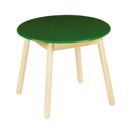 A green round table with a solid wood construction and angled legs, intended for children.