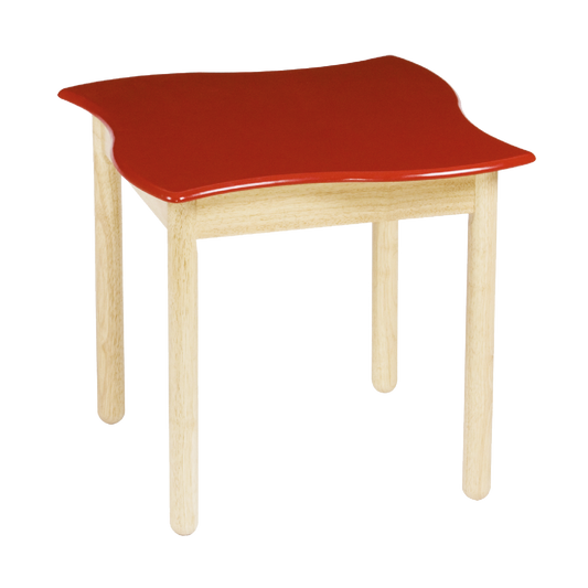 A square-shaped wooden table with wavy edges and a red tabletop.