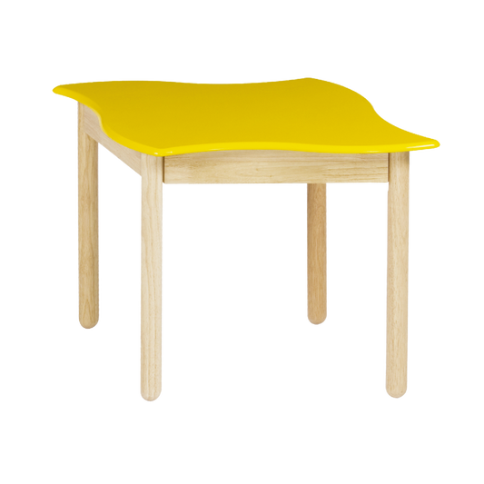 A children's wavy shaped table with a yellow tabletop and wooden legs.