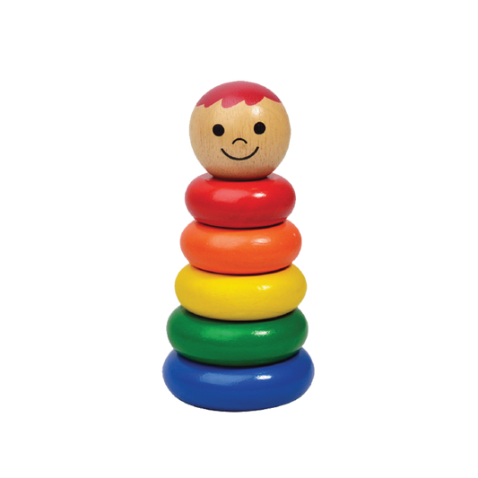 A colorful stacking ring toy with a face at the top, representing a simple doll with rings stacked in a tower format.