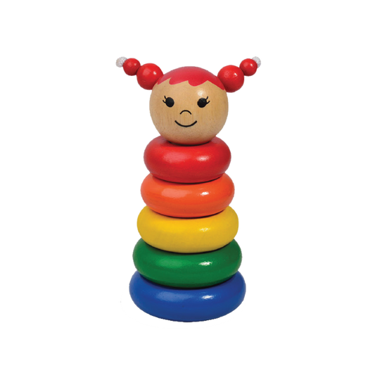 A colorful wooden stacking toy in the shape of a girl with red hair, consisting of a series of wooden rings in different colors.