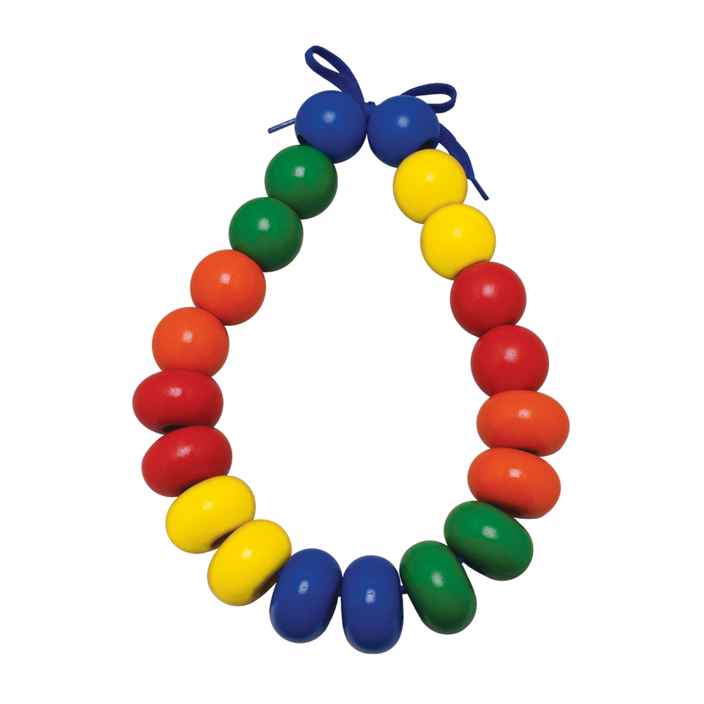A colorful string of chunky beads with large holes, intended to be strung with a wooden needle and cotton string.