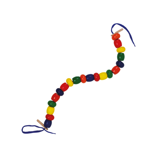 A colorful string of chunky beads with large holes, intended to be strung with a wooden needle and cotton string.