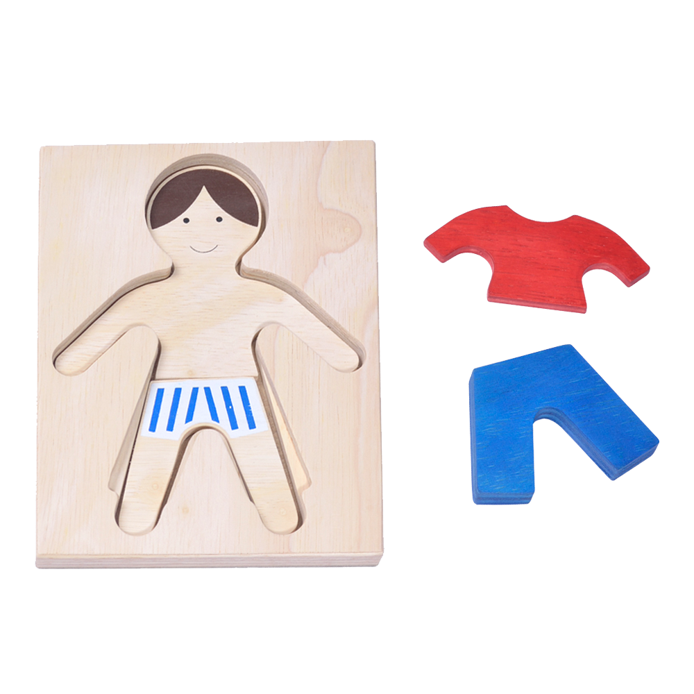 A wooden puzzle in the shape of a boy figure with two layers of shapes, one in red and one in blue.