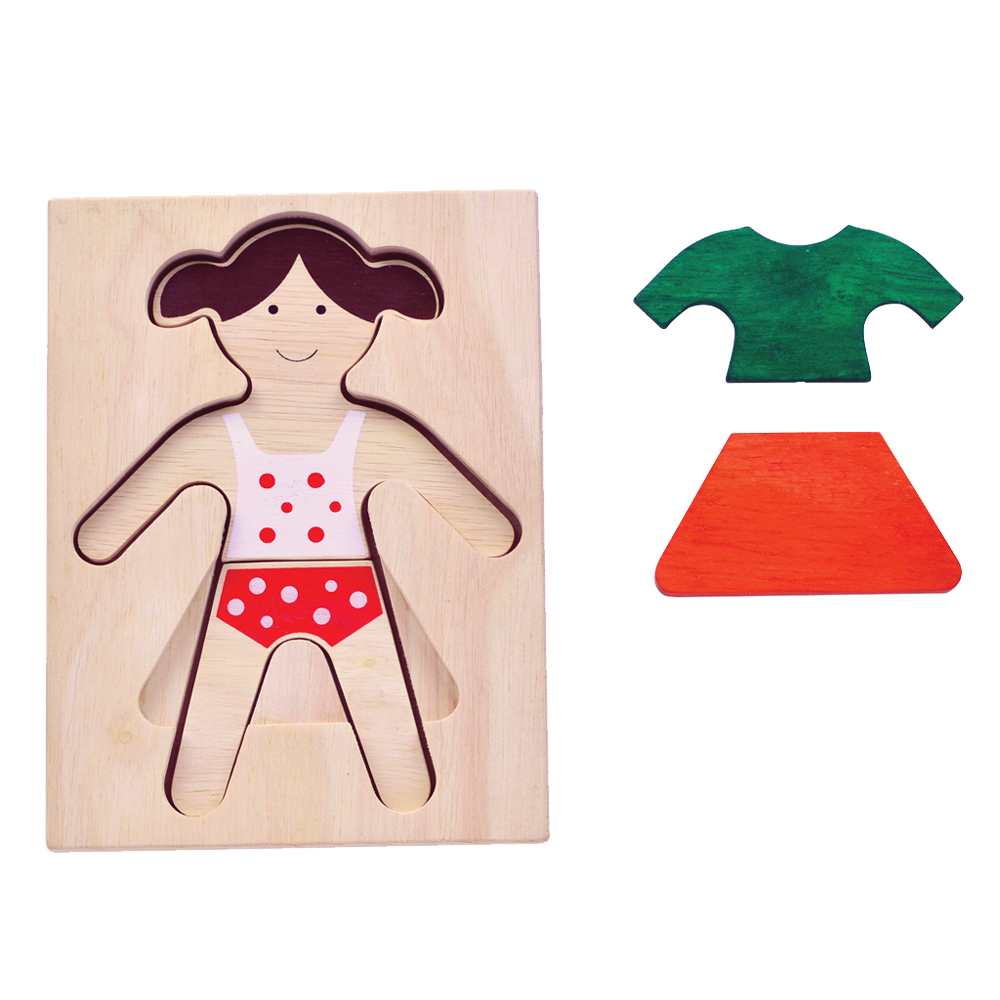 Wooden puzzle in the shape of a girl figure with a green shirt and orange skirt, with two layers of shapes.