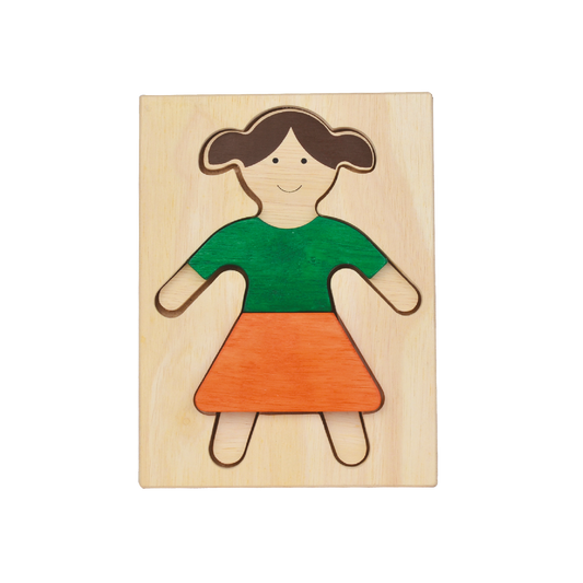 Wooden puzzle in the shape of a girl figure with a green shirt and orange skirt, with two layers of shapes.