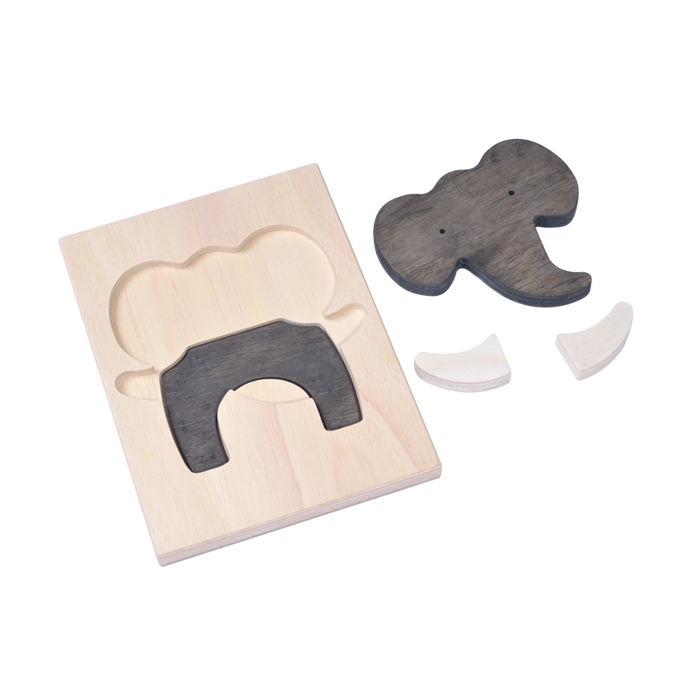 A wooden puzzle elephant with detachable pieces to distinguish male and female genders, presented on a wooden surface.