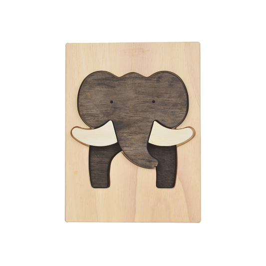 A wooden puzzle elephant with detachable pieces to distinguish male and female genders, presented on a wooden surface.