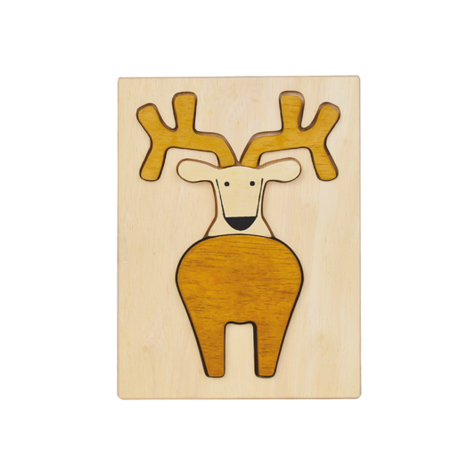 A wooden puzzle toy shaped like a reindeer, with a tray containing the assembled pieces, predominantly in shades of beige and brown.