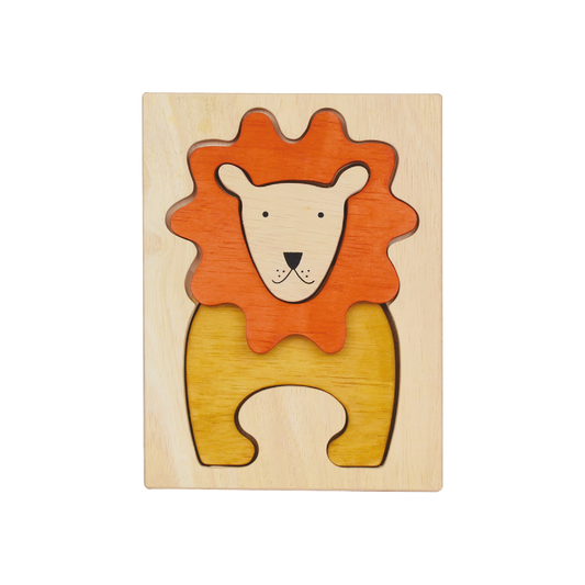 A wooden puzzle shaped like a lion with layers of shapes forming the figure. The puzzle is primarily wood color with additional colors orange and yellow for the mane.
