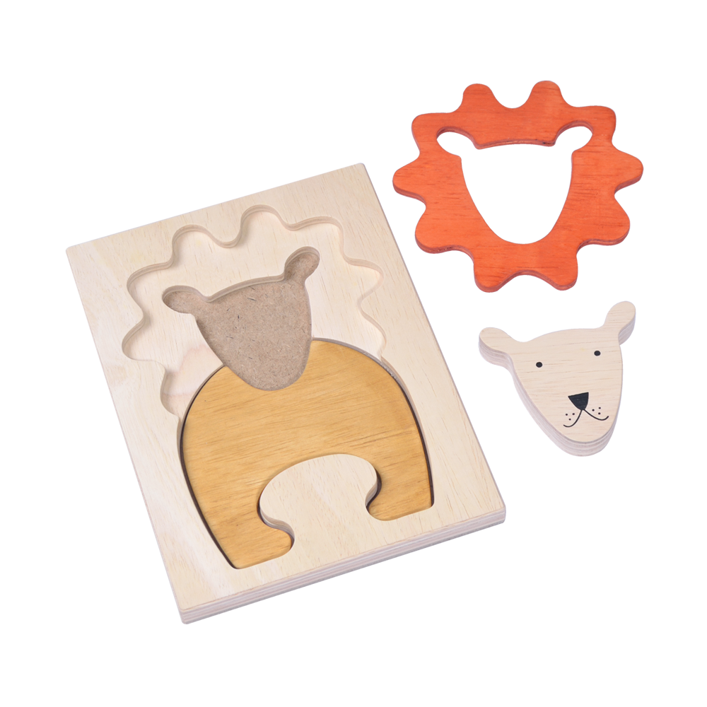 A wooden puzzle shaped like a lion with layers of shapes forming the figure. The puzzle is primarily wood color with additional colors orange and yellow for the mane.