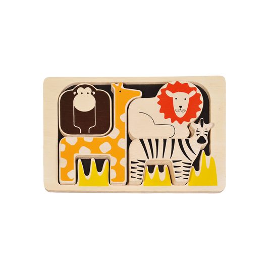 A set of colorful animal-shaped puzzles including representations of a gorilla, lion, zebra, and giraffe arranged on a wooden tray.