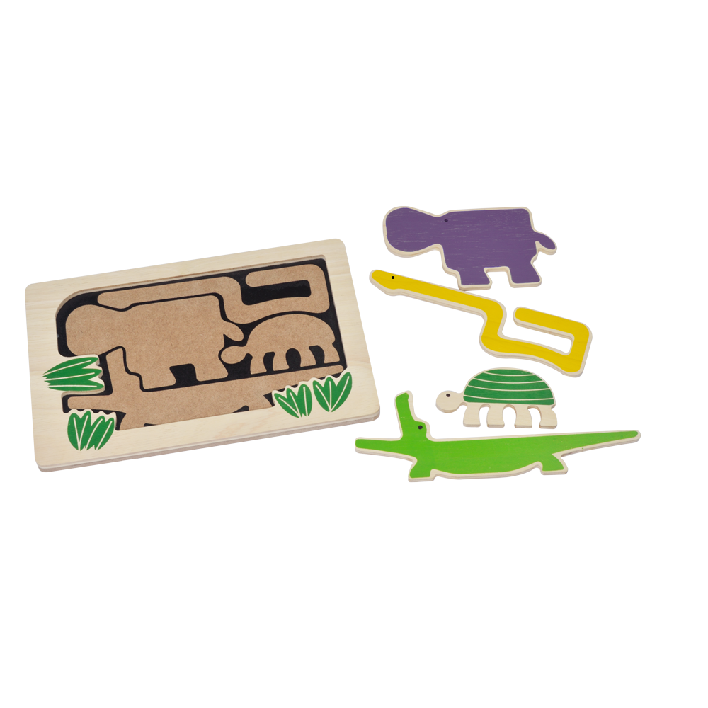 A colorful wooden puzzle featuring animal shapes including a hippo, turtle, alligator, and snake.