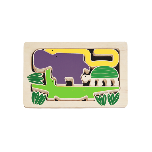A colorful wooden puzzle featuring animal shapes including a hippo, turtle, alligator, and snake.