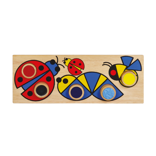 A wooden tactile puzzle featuring colorful insect shapes for young children.