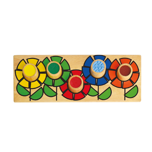 A wooden tactile flower puzzle with colorful petals for toddlers and young children.