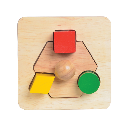 A wooden shape matching toy with a tray and blocks in various shapes and colors.