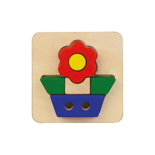 Wooden flower tray puzzle with large block pieces for early eye-hand coordination. Children can complete the flower or use the pieces to build creative shapes.