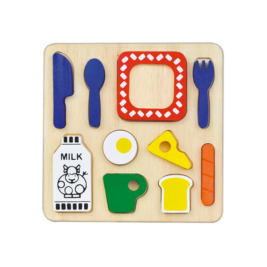 A wooden sorting game for children featuring various colorful shapes representing breakfast items like milk, eggs, bread, and cereal, along with utensils and a carton.