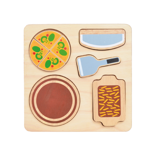 Wooden toy set representing an Italian meal, including a pizza, pasta, cheese, and a bottle.