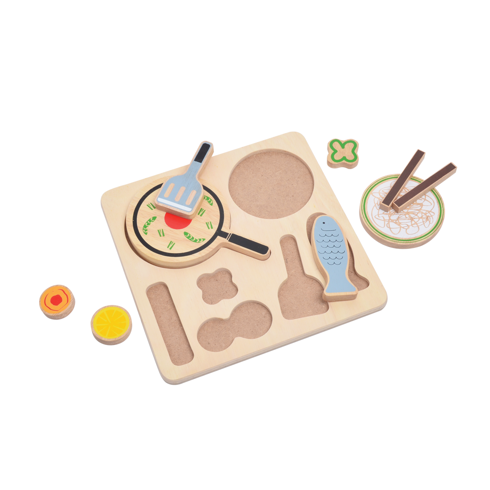 A wooden puzzle game featuring various food-themed pieces such as a pan, spoon, and fish, designed for children to develop fine motor skills and coordination.