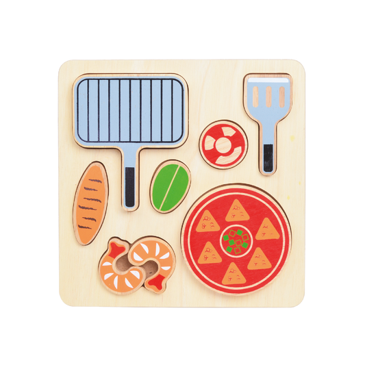 A wooden shape sorting toy representing various items of Mexican food such as a burrito, a cactus, and a taco, designed for young children.