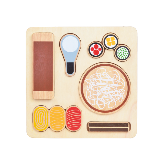 A wooden shape-sorting food puzzle for children, featuring various food shapes to match with corresponding slots. Encourages recognition of everyday objects, eye-hand coordination, problem-solving skills, and patience.