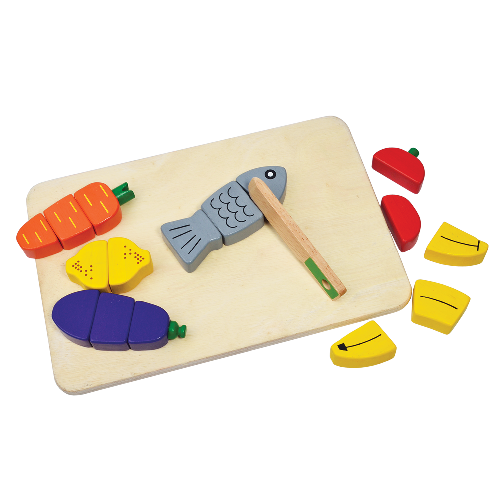 A wooden shape sorting toy with colorful fruit and vegetable pieces, and a pretend knife.