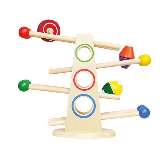 A wooden roller ramp toy with multicolored balls and click clack rollers