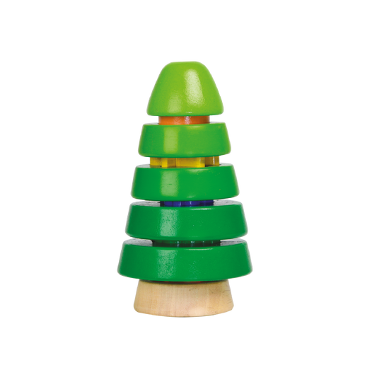A colorful vertical shape sorting toy resembling a pine tree with green, blue, and yellow discs on a wooden base.
