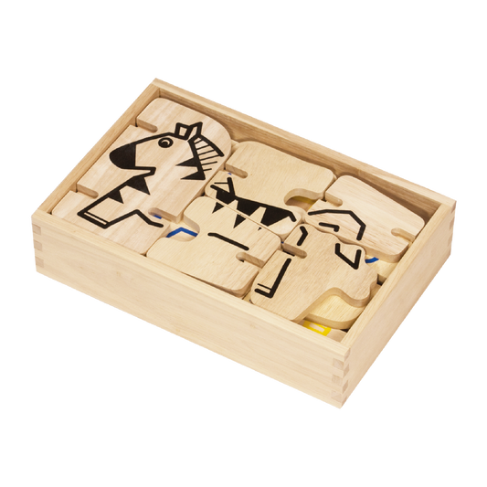 A wooden animal-shaped puzzle toy with various animal pieces visible inside a beige-colored box.