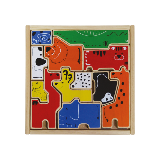 Wooden puzzle tray featuring twelve animal-shaped pieces that fit into matching slots. Encourages problem-solving, imagination, storytelling, and animal recognition.
