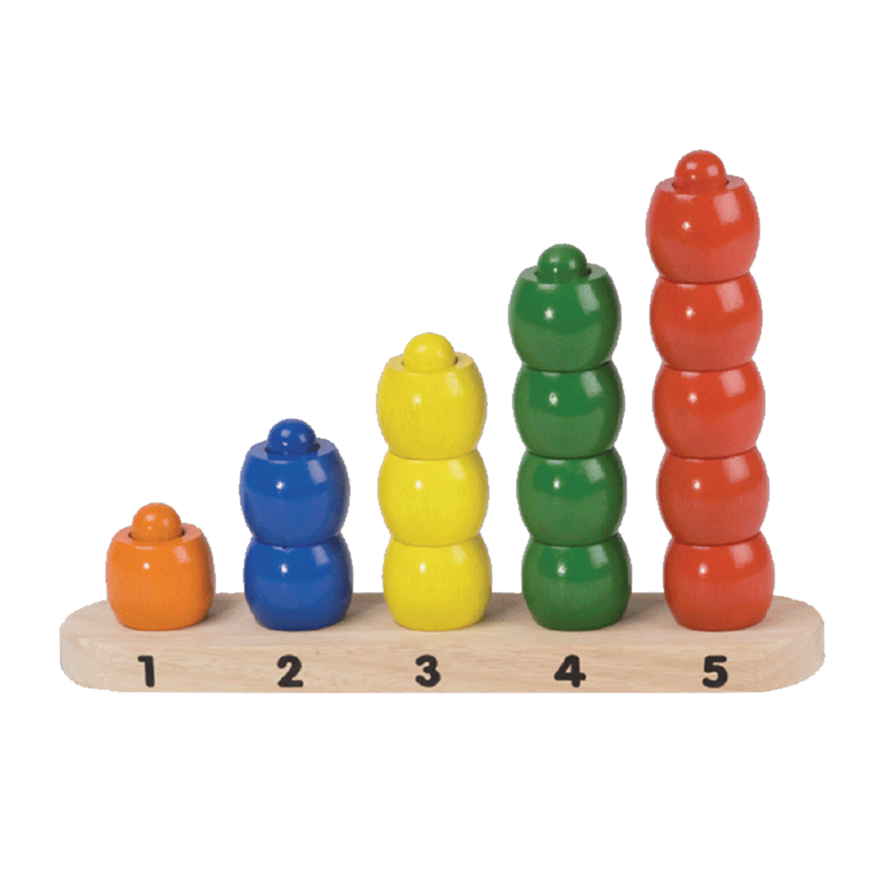 A set of colorful counting rods in ascending order with numbers 1 to 5 marked beneath each rod.
